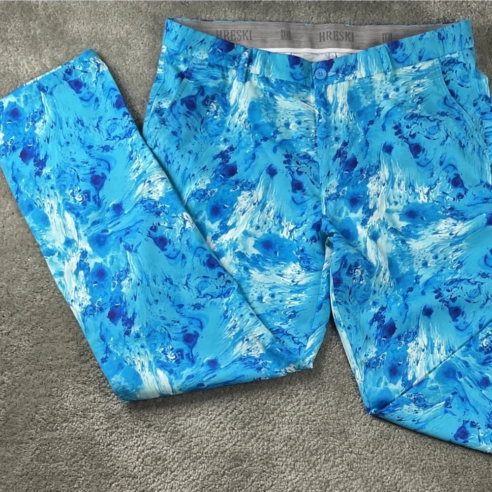 Hreski Golf Pants Mens 36W 32L Blue White Marble Swirl Performance Trousers